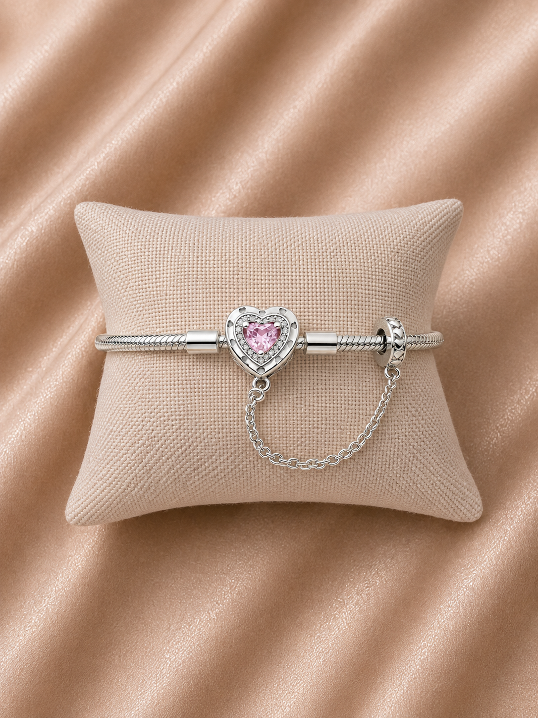 Pulsera de Plata 925 Corazón Rosa con Cadena de Seguridad